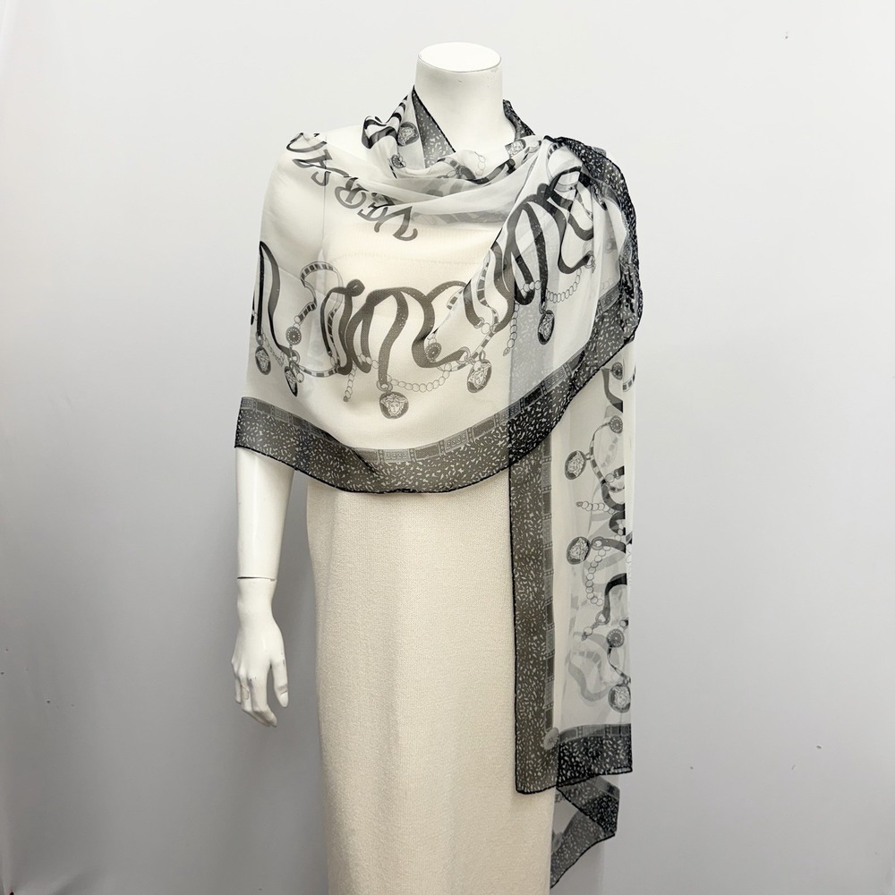 Vintage Versace 100% Silk Scarf Wrap Black & Lite Gray Chains with Medusa Medals